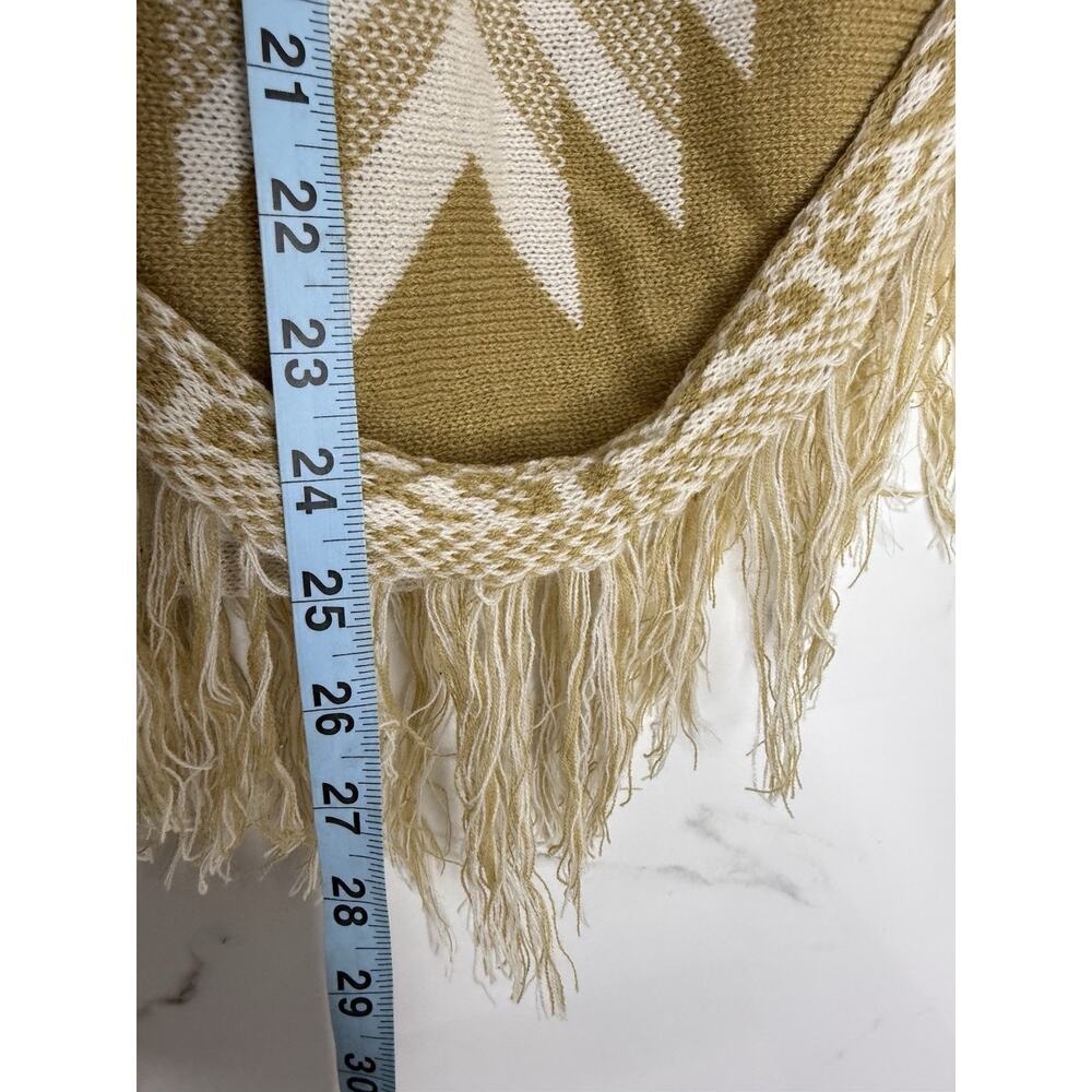VTG Mudd OSFM Beige Ivory Knit Poncho Pullover Fringe Boho Hippie Festival Aztec - Picture 7 of 7